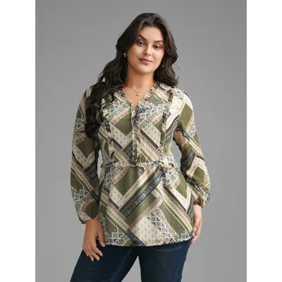 Bloomchic Bandana Print V Neck Ruffle Trim Blouse In Green