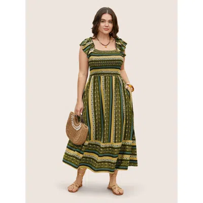 Bloomchic Bandana Striped Shirred Ruffle Trim Dress In Green