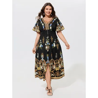 Bloomchic Baroque Floral Print Front Split Maxi Dress In Black