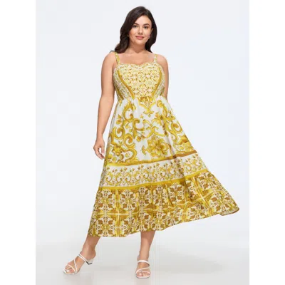 Bloomchic Baroque Floral Print Shirred Tiered Midi Dress In Yellow