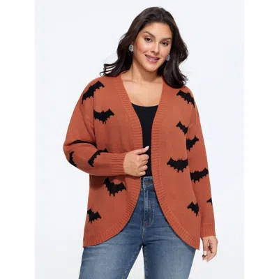 Bloomchic Bat Jacquard Arc Hem Open Front Cardigan In Brightorange
