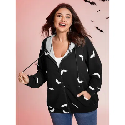 Bloomchic Bat Print Stretchy Textured Zipper Hoodie In Black