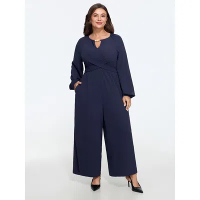 Bloomchic Beaded Keyhole Neck Long Sleeve Wide Leg Jumpsuit In Blue