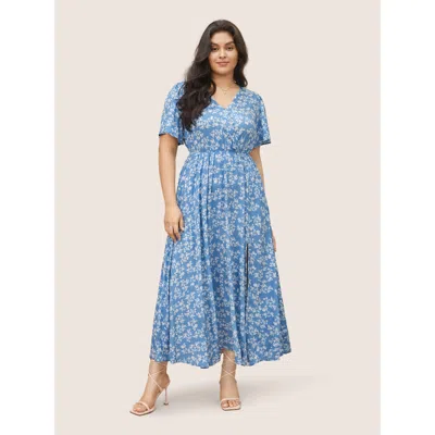 Bloomchic Bloom Dress - Flutter Sleeve Ditsy Floral Pocket Split Maxi Dress In Blue