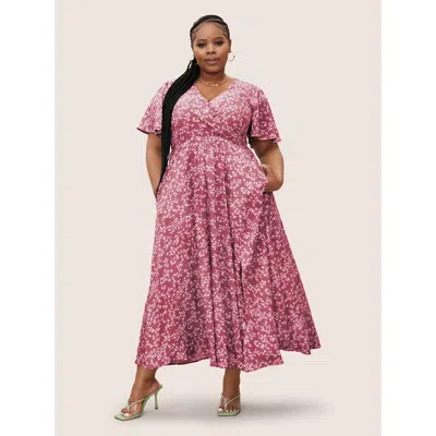Bloomchic Bloom Dress - Flutter Sleeve Ditsy Floral Pocket Split Maxi Dress In Pink
