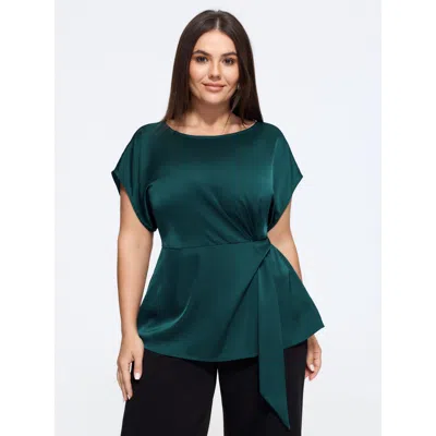 Bloomchic Boat Neck Side Twist Satin Blouse In Cyan