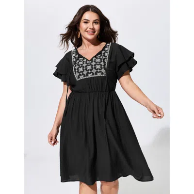 Bloomchic Boho Embroidered Ruffle Sleeve Mini Dress In Black