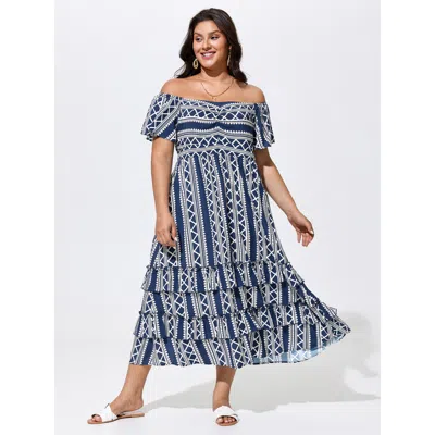 Bloomchic Boho Floral Print Cold-shoulder Maxi Dress In Blue