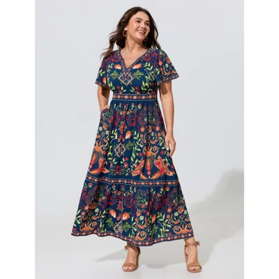 Bloomchic Boho Floral Print Notched Collar Tiered Midi Dress In Multi