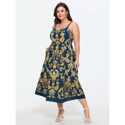 Bloomchic Boho Floral Print Shirred Waist Midi Dress In Blue