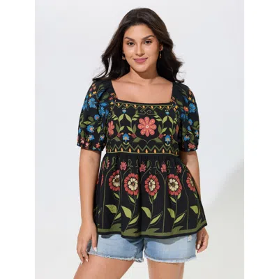 Bloomchic Boho Floral Square Neck Peplum Blouse In Blackflower