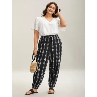 Bloomchic Boho Geometric Print Stretchy Waist Pants In Black
