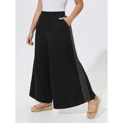 Bloomchic Boho Geometric Trim Wide Leg Pants In Darkgray