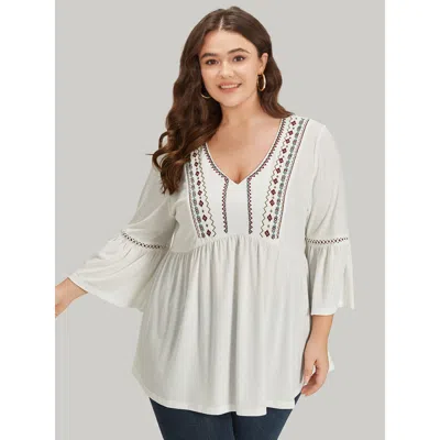 Bloomchic Boho Print Embroidered V Neck Gathered Bell Sleeve T-shirt In White