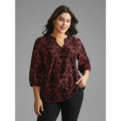 Bloomchic Boho Print Flocking Mesh Blouse In Burgundy