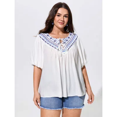 Bloomchic Boho Print Neck-tie Puff Sleeve Blouse In White
