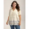 Bloomchic Boho Print Notched Collar Blouse In White