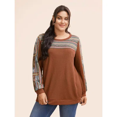 Bloomchic Boho Print Patchwork Waffle Knit Crew Neck Sweatshirt In Brown