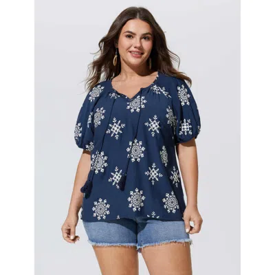 Bloomchic Boho Print Puffy Sleeve Blouse In Indigo