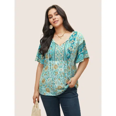 Bloomchic Boho Print Tie Neck Gathered Blouse In Blue