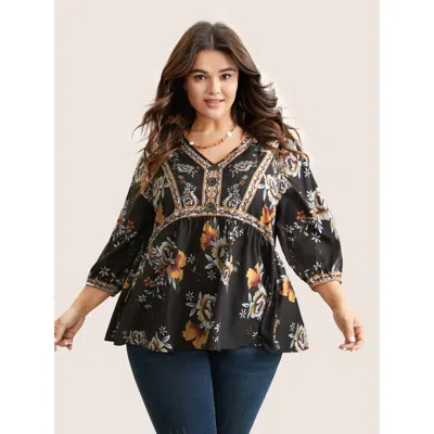 Bloomchic Boho Print V Neck Button Detail Gathered Blouse In Black