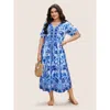 Bloomchic Boho Print V Neck Drawstring Dress In Blue