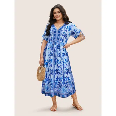Bloomchic Boho Print V Neck Drawstring Dress In Blue