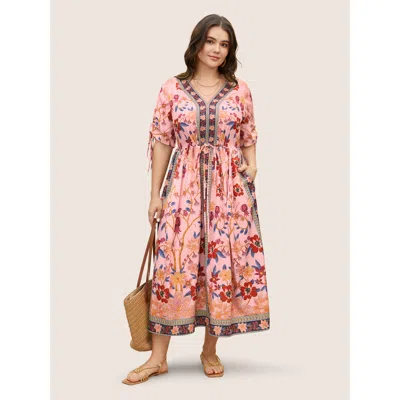 Bloomchic Boho Print V Neck Drawstring Dress In Pink