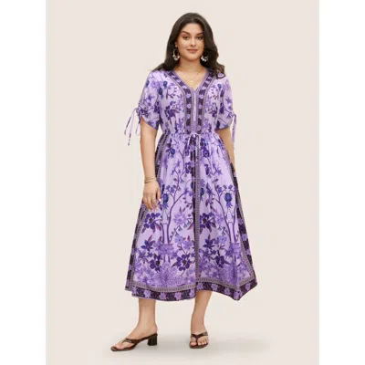 Bloomchic Boho Print V Neck Drawstring Dress In Purple