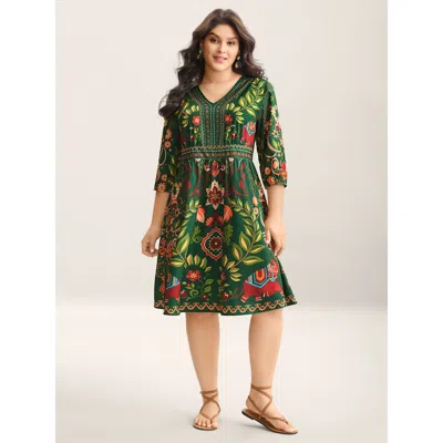 Bloomchic Boho Print V-neck Pockets Mini Dress In Green