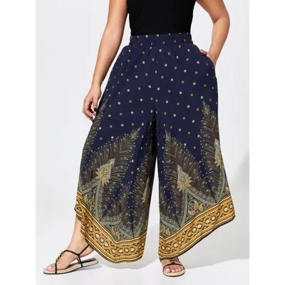 Bloomchic Boho Print Wide-leg Color Contrast Pants In Indigo