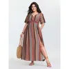 Bloomchic Boho Striped Print Cinched-waist Maxi Dress In Multi
