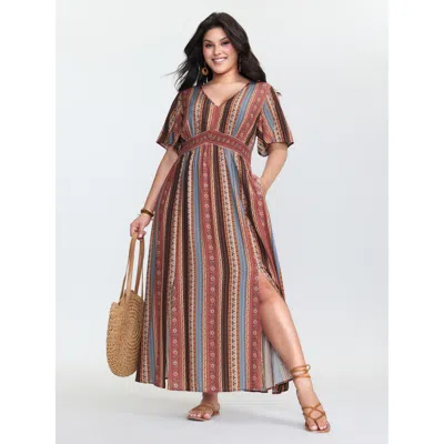 Bloomchic Boho Striped Print Cinched-waist Maxi Dress In Multi