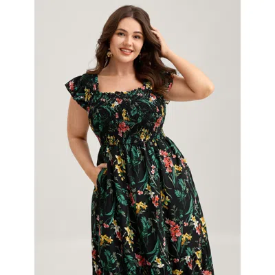 Bloomchic Botanical Print Shirred Bodice Midi Dress In Green