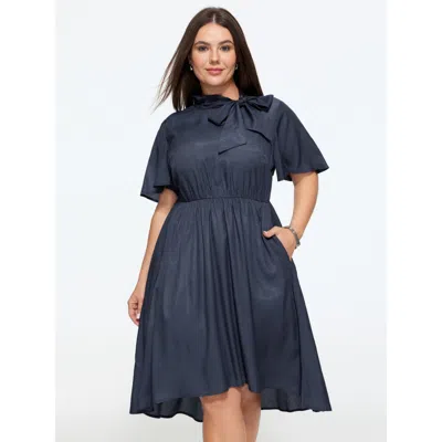 Bloomchic Bow Neck Flutter Sleeve Pocket Mini Dress In Darkblue