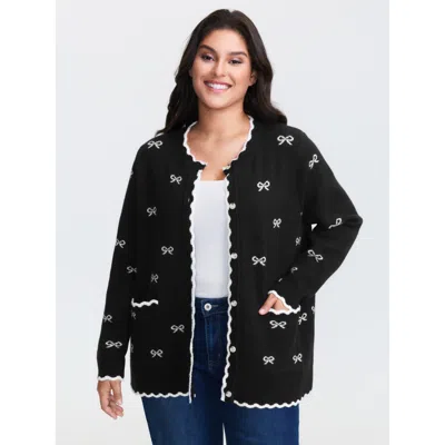 Bloomchic Bowknot Jacquard Wavy Edge Knit Cardigan In Black