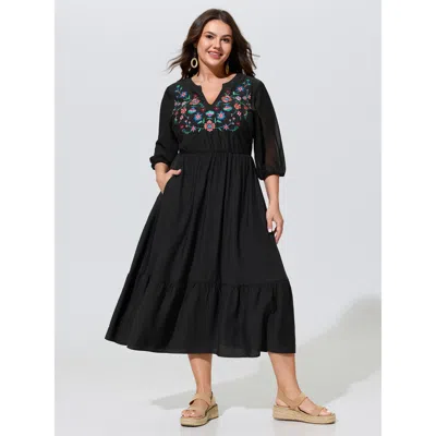 Bloomchic Breathable Floral Embroidered Neckline Midi Dress In Black
