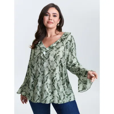 Bloomchic Breezy Floral Print Ruffled Neckline Blouse In Green