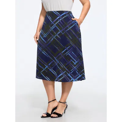Bloomchic Brush Print Plaid Pocket Midi Skirt In Darkblue