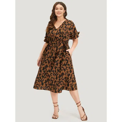 Bloomchic Brush Print Ruffles Wrap Belted Pocket Dress In Brown