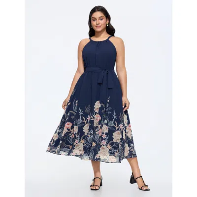 Bloomchic Budding Romance Halter Neck Stretchy Waist Midi Dress In Blue