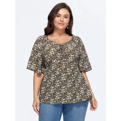 Bloomchic Bust-comfort Floral Print Tie Blouse In Moss