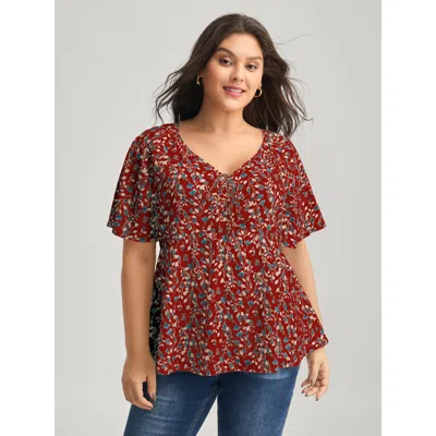 Bloomchic Bust-comfort Floral Print Tie Blouse In Red