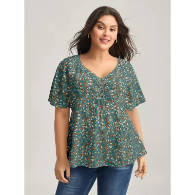 Bloomchic Bust-comfort Floral Print Tie Blouse In Slategray