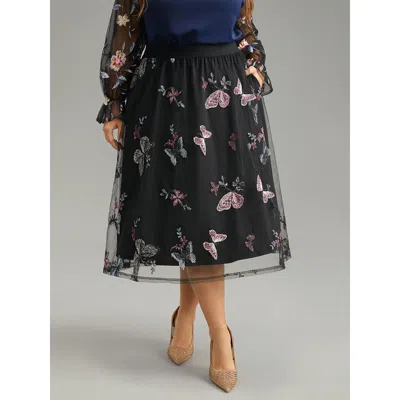 Bloomchic Butterfly Embroidered Mesh Elastic Waist Skirt In Black