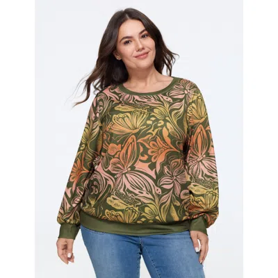 Bloomchic Butterfly Floral Print Crew Neck Casual Sweatshirt In Green