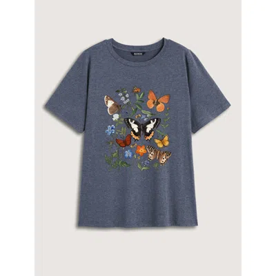 Bloomchic Butterfly Garden Print Crew Neck T-shirt In Gray
