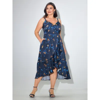 Bloomchic Butterfly Print Ruffle High-low Hem Midi Dress In Darkblue