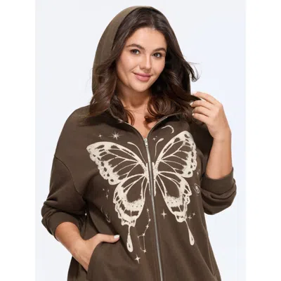 Bloomchic Butterfly Star Moon Print Zipper Hoodie In Brown