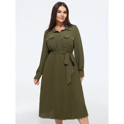 Bloomchic Button Front Belted Pleated Shirt Midi Dress In Armygreen